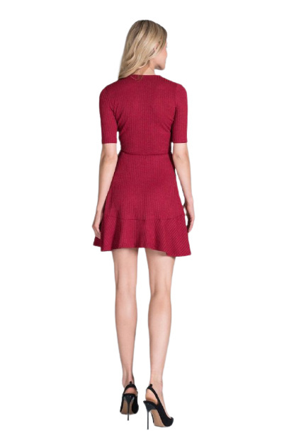 Sukienka Mini - Lejąca Z Wiskozy Krótki Rękaw Dekolt V - czerwona
